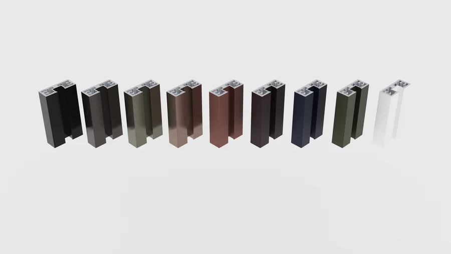 Los perfiles de aluminio Pernia Glass en sus nueve acabados: Black, Blanco, Brass, Burgundy, Cobalt Blue, Gold Rose, Marrón, Olive y Orange